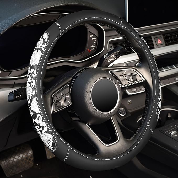 ZHOL Snake Skin Leather Steering Wheel Cover,Black and White Animal Fur Car Accessory Steering Wheel Cover,Universal 14.5-15i
