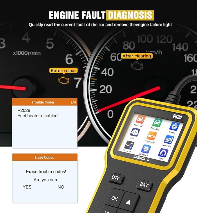 OBD2 Scanner with Upgrade Battery Tester - Diagnostic Tool for Cars That Check Engine Light & Emissions Readiness Read and