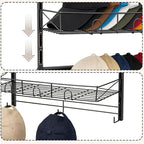 Widousy Over the Door Hat Organizer, 3 Tier Wall Mounted Hat Rack with 2 Adjustable Metal Basket and 3 Hooks, Baseball Cap Or