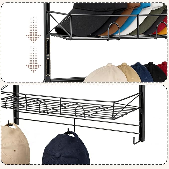 Widousy Over the Door Hat Organizer, 3 Tier Wall Mounted Hat Rack with 2 Adjustable Metal Basket and 3 Hooks, Baseball Cap Or