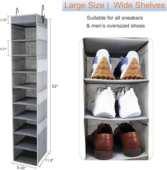 2 Pack Large-Sized Hanging Shoe Organizer 10-Shelf, Sturdy Hanging Closet Organizer with 8 Side Pockets, Wider Hanging Shelve