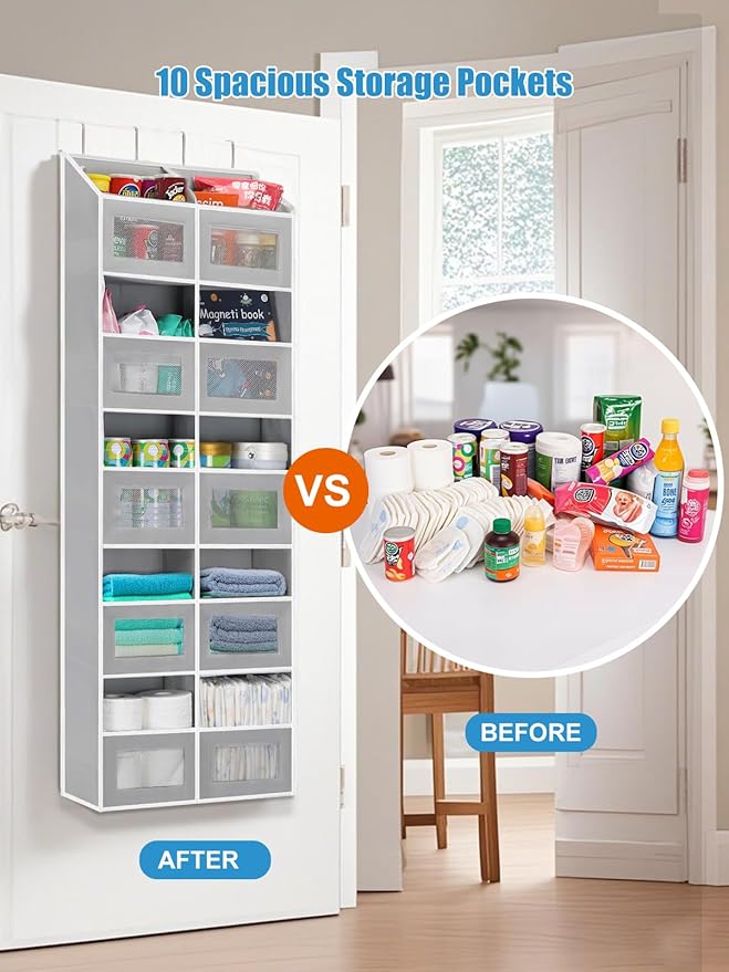 Over the Door Organizer Hanging- 10 Compartments, 80 lbs Load Behind Door Stuffed Animal Storage, Extra Large Toys Storage Or