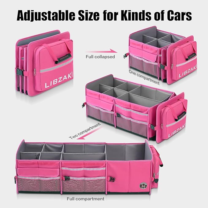 LIBZAKI Oversize 4 in 1 Car Trunk Storage Organizer, Multi Compartment Collapsible Trunk Storage Box with Cooler Bag for Car