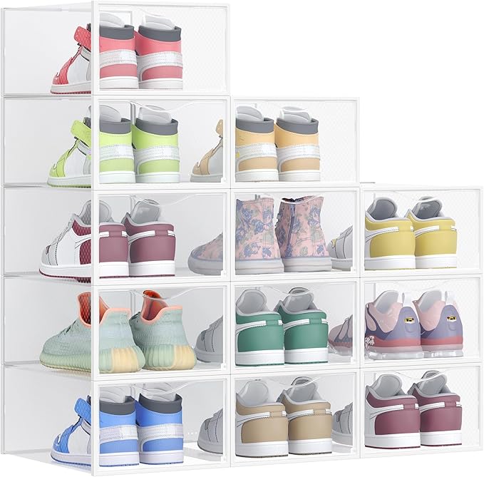 SONGMICS Shoe Boxes, Shoe Storage Organizers Rack for Closet, Plastic Stackable Sneaker Containers Case, 12 Pack, Transparent