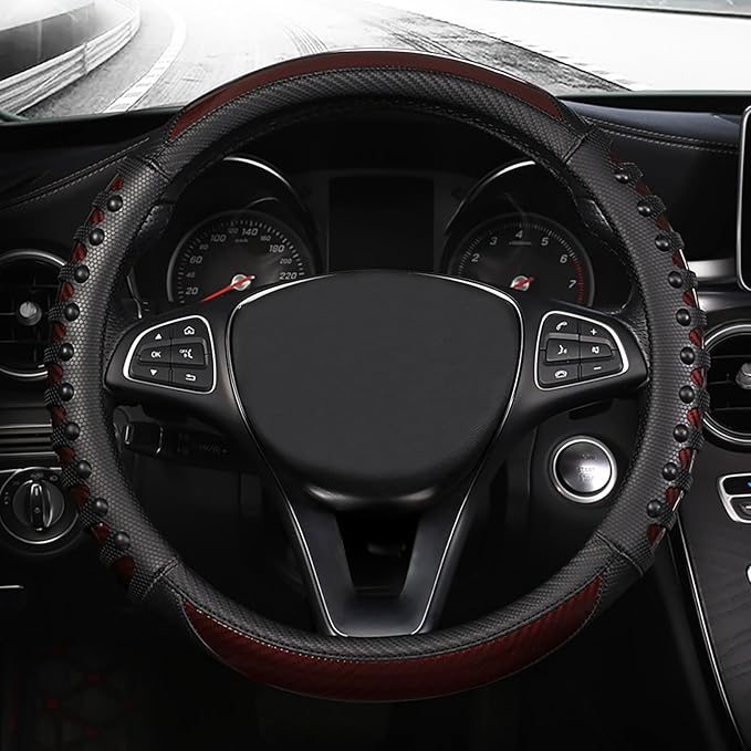 3D Massage Car Steering Wheel Cover,14.5-15 Inch Universal Brown Carbon Fibre Leather Covers Breathable Anti-Slip Odorless St