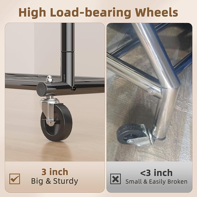 EAGMAK Heavy Duty Clothes Rack Load 556 LBS, Rolling Clothing Rack With 3 Shelves, Adjustable Metal Clothes Hanger with Wheel