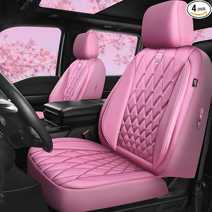 CAR PASS Piping Luxury Leather Two Front Car Seat Covers, Cute Girly Waterproof Anti Slip Seat Covers Compatible with Front S