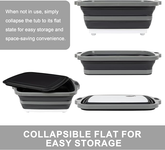 Collapsible Cutting Board with Container, Foldable Camping Sink with Colander, BBQ Prep Tub with Lid, Multifunction Dish Basi