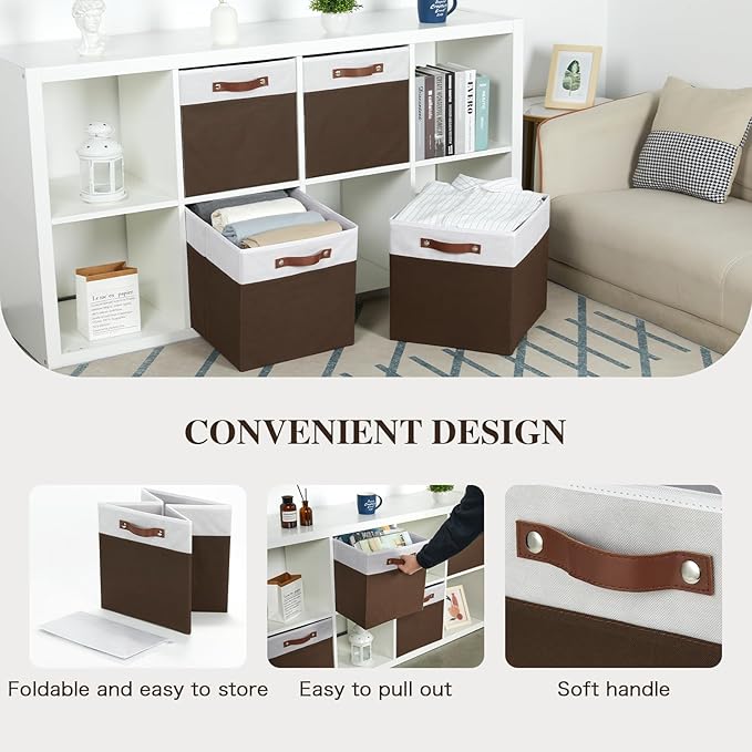 Temary Foldable Cube Baskets 4Pack - Shelf Storage Bins with Handles, Fabric Storage Organizer for Clothes, Home (White&Brown
