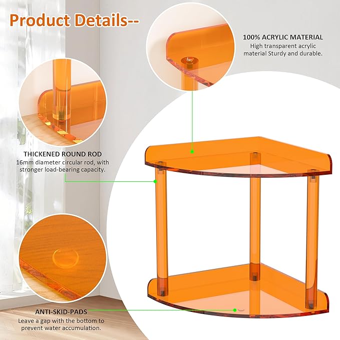 Sezanrpt 2 Tier Countertop Corner Organizer Shelf 7x7x8 Inch, Orange Acrylic Bathroom Corner Shelf for Countertop, Vanity Sto