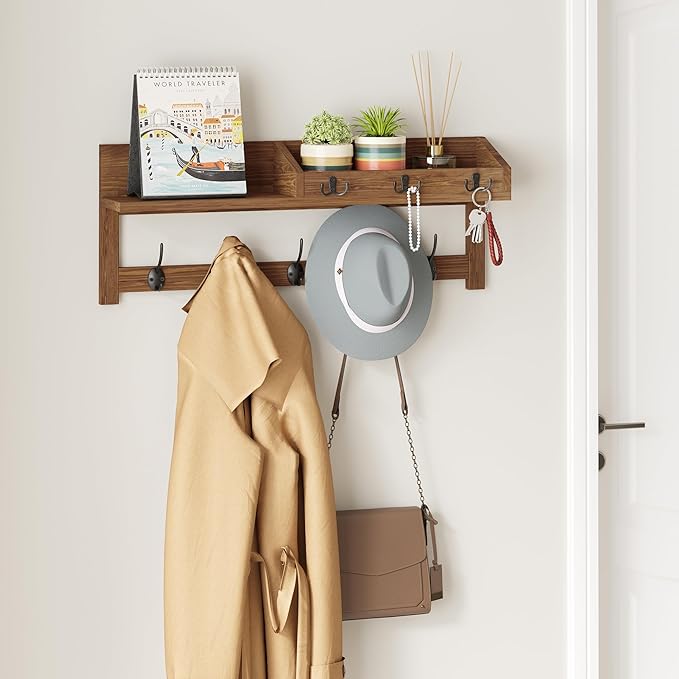 AMBIRD Wall Hooks with Shelf, 26.57 Inch Entryway Wood Coat Hooks for Wall with Shelf, Coat Rack Wall Mount with 5 Dual Hooks