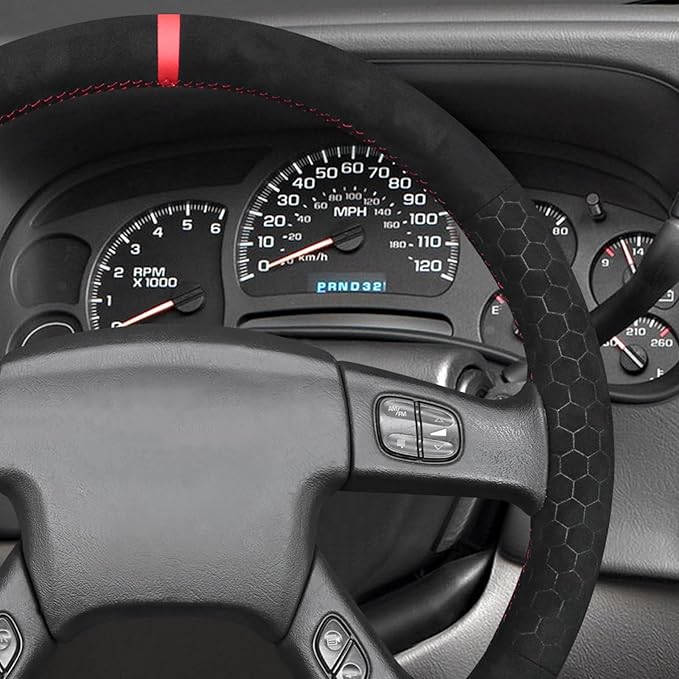MEWANT Hand Stitched Steering Wheel Cover for Chevy Silverado 1500 2003-2006 Black Hive Embossed Athsuede Steering Wrap