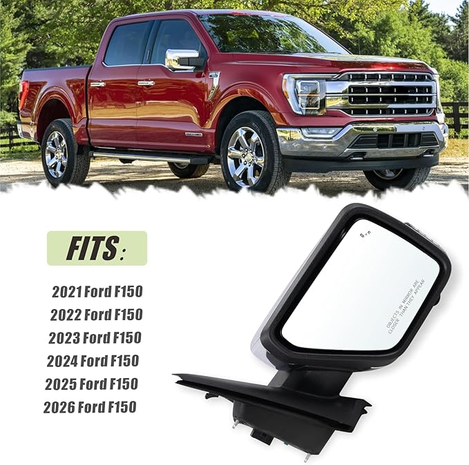 Right Passenger Side Door Mirror Fits 2021-2026 Ford F150 With Power Folding Heated Blind Spot Turn Signal Puddle Light Temperature Sensors Memory Camera Chrome Replace#ML3Z17682FF5YGY(18+1Pins)