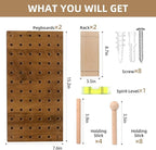 Brown Wood Pegboard Modular Display Wooden Pegboard Combination Wall Organizer Storage Wall Hooks Shelf for Home, Office, Bat