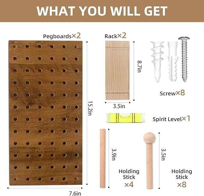 Brown Wood Pegboard Modular Display Wooden Pegboard Combination Wall Organizer Storage Wall Hooks Shelf for Home, Office, Bat