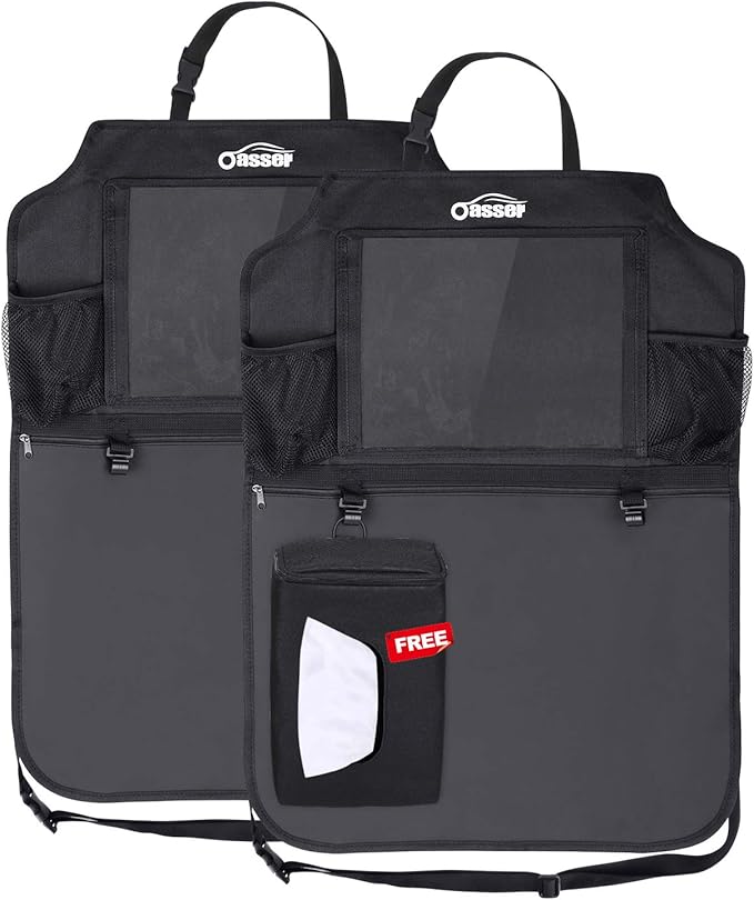 Oasser Seat Back Protector Kick Mats 12.9" I pad Holder 2 Pack XL with 1 Tissue Box Car Seat Organizer Back of Seat Protector Clear 2 Large Car Organizers and Storage