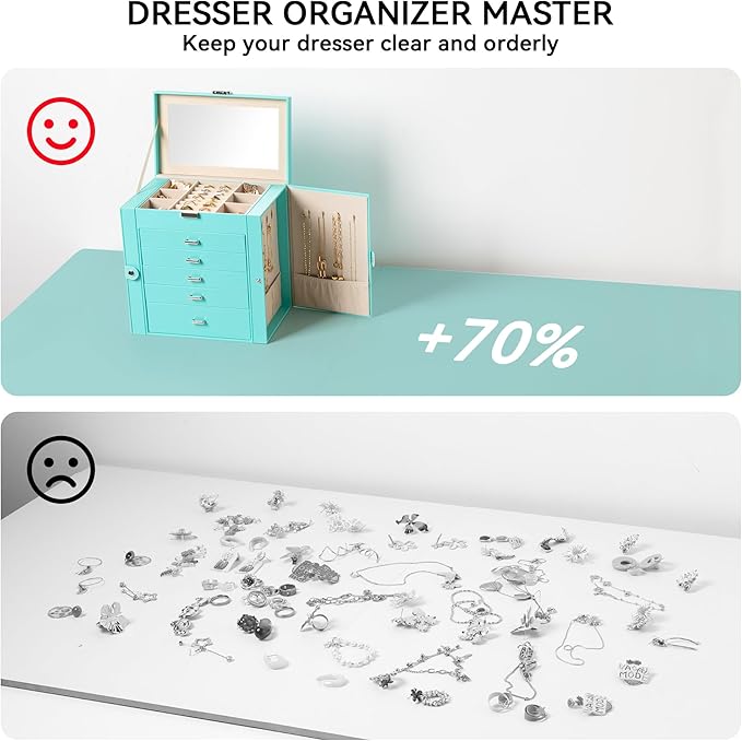 Frebeauty Large Jewelry Box,6-Tier PU Leather Jewelry Organizer,Multi-functional Storage Case with Mirror,Accessories Holder 