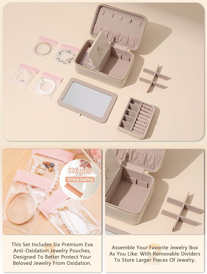 Velvet Travel Jewelry Box with Large Mirror, Double-Layer Jewelry Organizer Case for Women and Girls, Portable Storage Case w