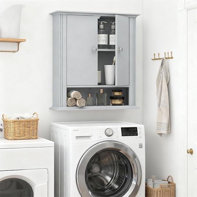 Wall Mounted Bathroom Cabinet Wooden Storage Cabinet with 2 Doors & Adjustable Shelf, Hanging Wall Cabinet Over Toilet, Upper