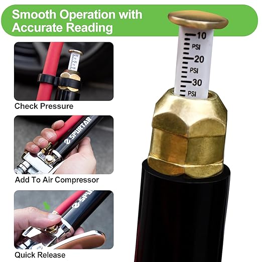 Spurtar 10-120 PSI Heavy Duty Tire Pressure Gauge with Inflator Air Chuck with Pressure Gauge with 4 Way Tool and Valve Cores Air Compressor Attachments Tire Inflator Nozzle for Car Automotive Truck