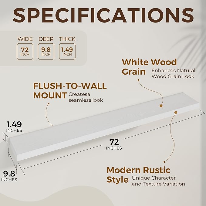 Dreamland 72 Inches Floating Shelves for Wall, 9.8" Deep Long Floating Shelves Set of 1, Large Display & Storage Shelf, Wall 