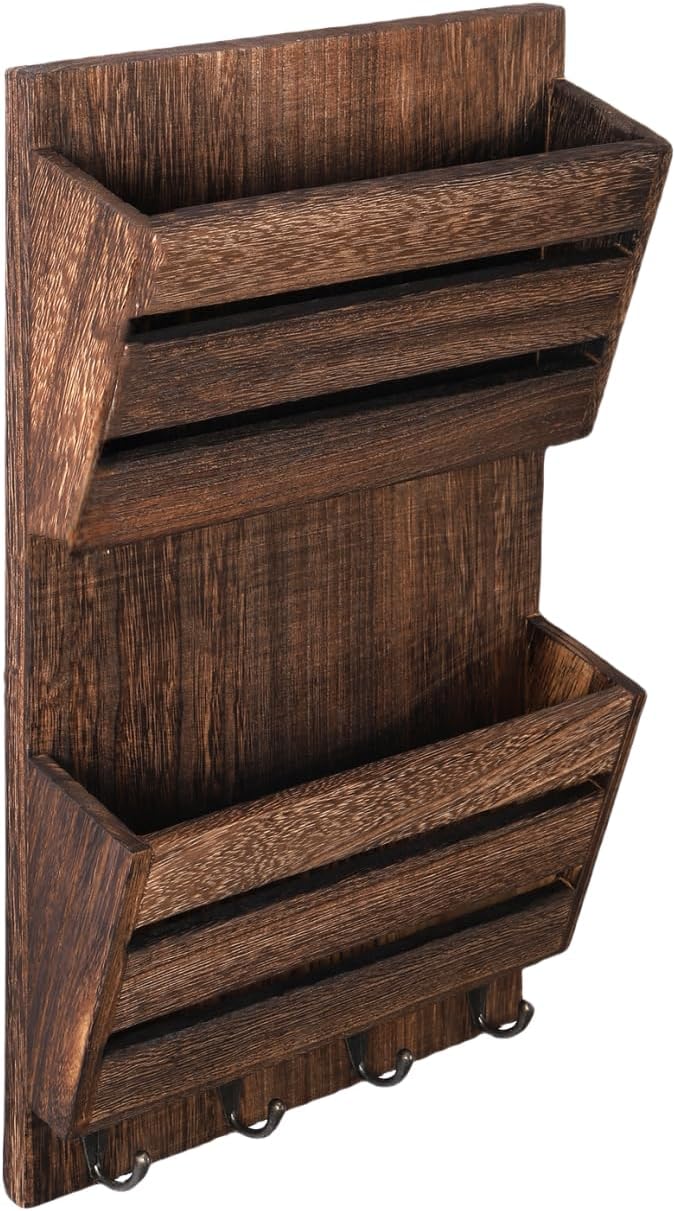 MOOACE Mail Organizer Wall Mount with Key Hooks, 2-Slot Wood Mail and Key Holder, Wall File Organizer Office Letter Folder Ac