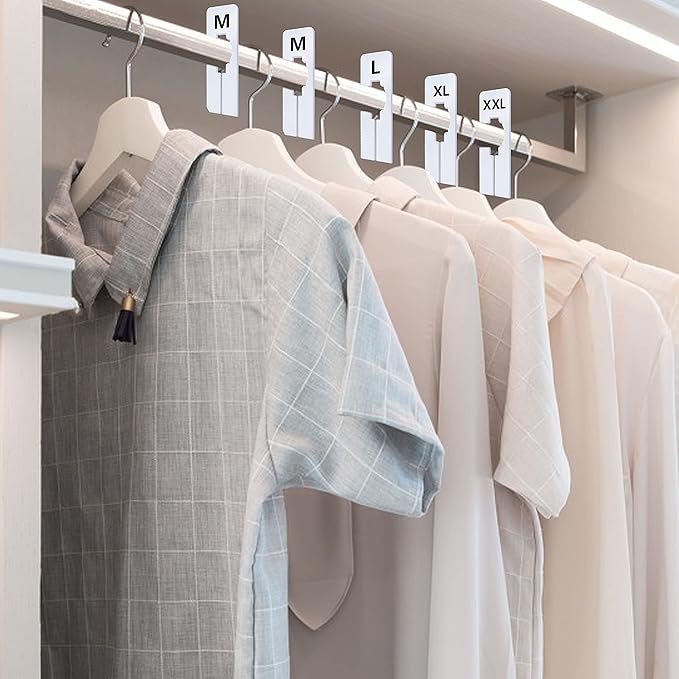 40 Pack Rectangular White Plastic Clothing Size Closet Rack Dividers Hangers, Preprinted in 8 Sizes XXS, XS, S, M, L, XL, XXL