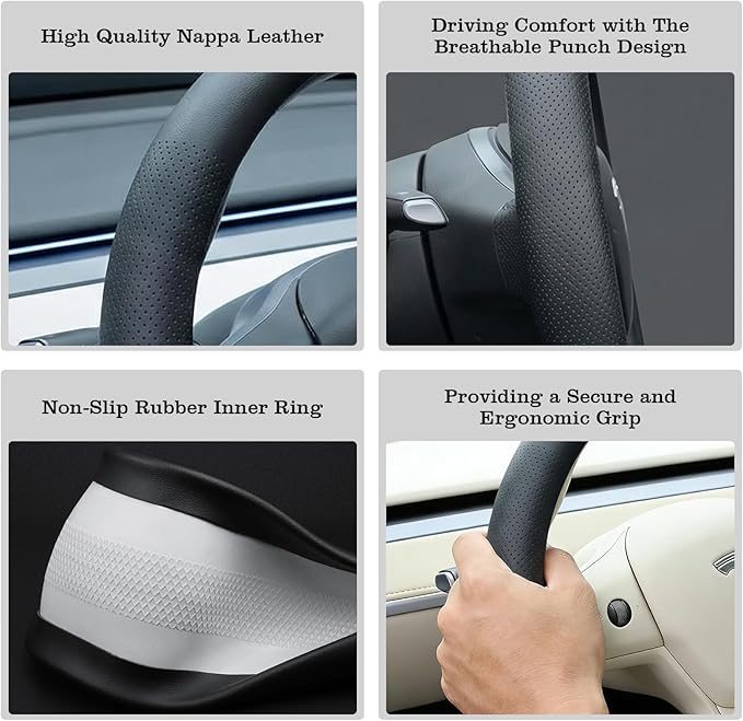 Black Tesla Nappa Leather Steering Wheel Cover, Model 3/Y Accessories, Comfort Grip, Anti-Slip Breathable, Compatible with Te