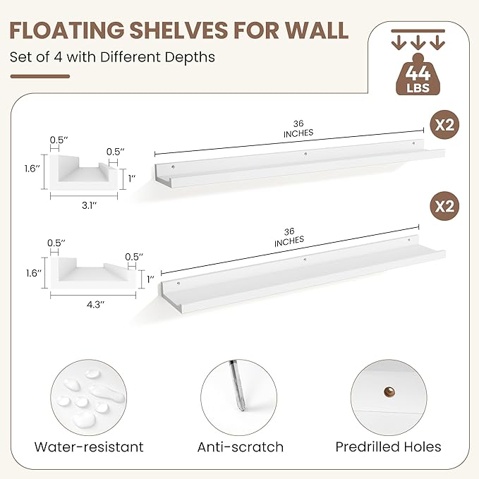 Fun Memories Picture Ledge Shelf, White Floating Shelves Set of 4, 36 Inch Picture Shelves for Wall with Ledge, Large Nursery