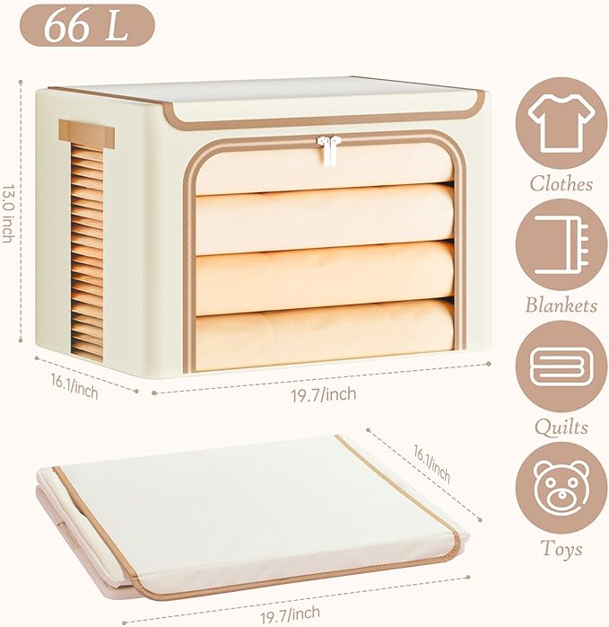 Yecaye Clothes Storage Bins with Metal Frame, Foldable Clothing Storage Bin with Lid, Stackable Oxford Fabric Organizer Box W