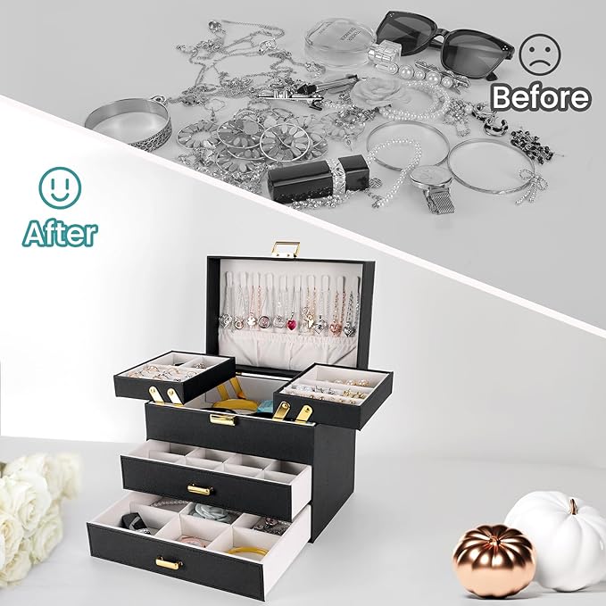 Dajasan Jewelry Organizer Box, Large Jewelry Boxes for Women Girls, Space-Saving 4 Layers Jewelry Storage Case with Drawer, M