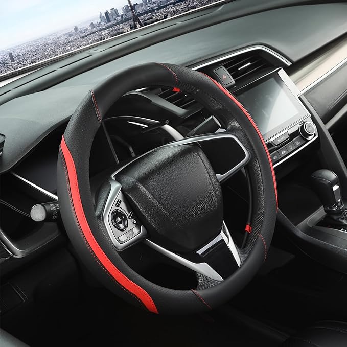 Car Steering Wheel Cover, Leather Steering Wheel Cover Red Universal 14.5-15 Inch Microfiber Leather Anti-Slip Breathable Aut