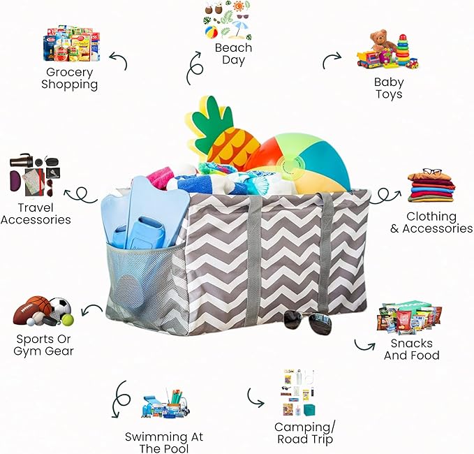 Extra Large Utility Tote Bag, Oversized Collapsible Reusable Wire Frame Rectangular Canvas Basket With Two Exterior Pockets For Beach, Pool, Laundry, Car Trunk, Storage - Geo Grey