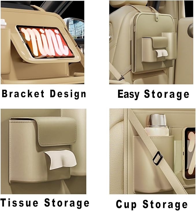 GMQ Backseat Car Organizer with Detachable Steering Wheel Tray 1 Pack,Car Back Seat Laptop Desk, Multifunctional Food Tray,Back Seat Car Storage & Tablet Holder for Kids (Beige, 1PC)