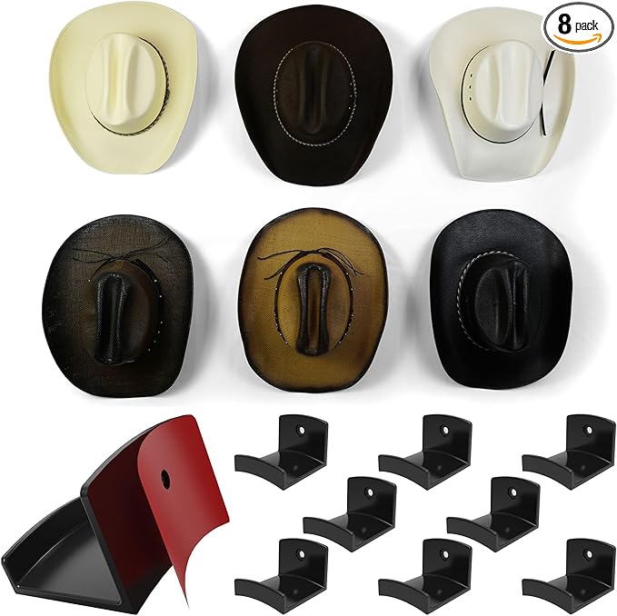 Modern JP Adhesive Hat Hooks for Wall (8-Pack) - Cowboy Hat Rack, Wide Brim Hat Organizer, Strong Hold Hat Hangers for Wall -
