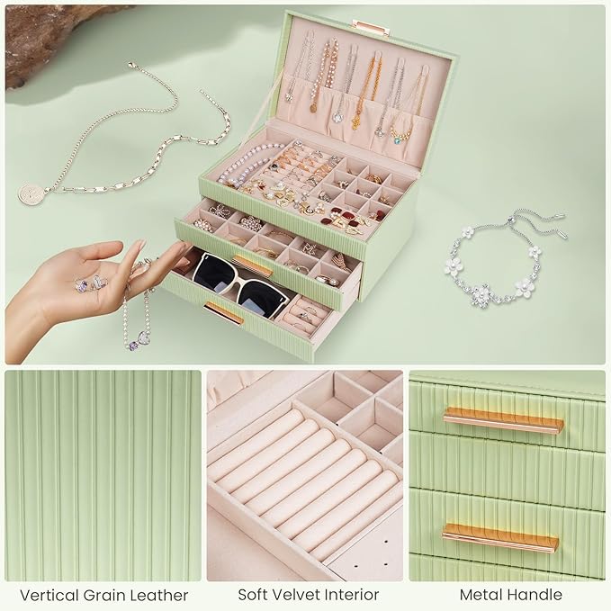 Dajasan Jewelry Box Organizer, 3-Tier Jewelry Storage with 2 Drawers, Large Jewelry Boxes for Women, PU Leather Surface with 