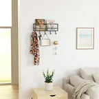 SRIWATANA Key Holder for Wall, Mail Organizer Wall Mount with Metal Storage Basket, Key Holder with 5 Hooks for Entryway, Off