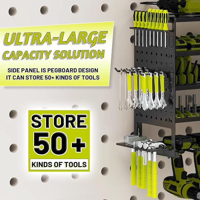5 Layers Power Tool Organizer Wall Mount, Metal Cordless Tool Hanger Storage Rack Holder with 8 Drill Holders, Heavy Duty Gar