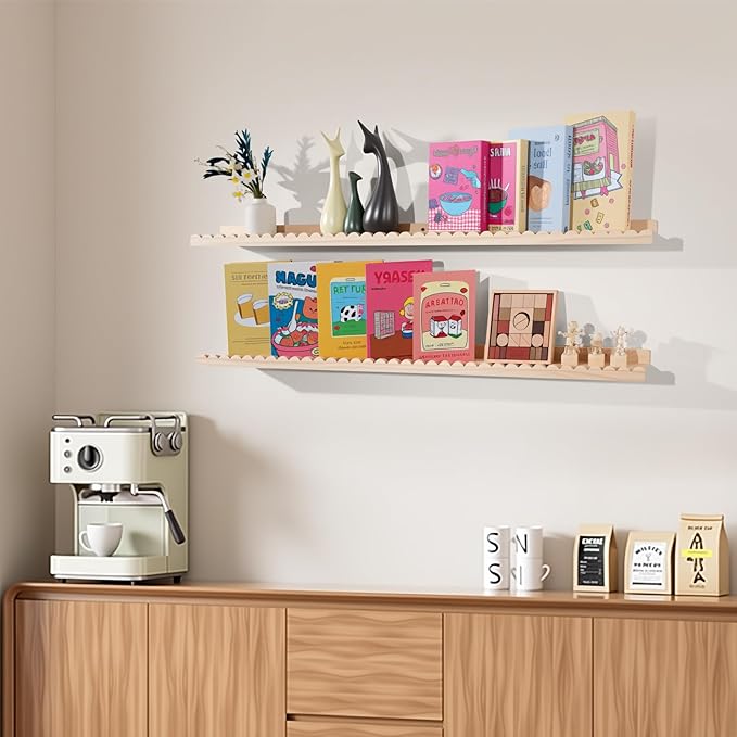 NEXHOME PRO Nursery Book Shelves, 2-Pack Solid Pine Wood Floating Shelves for Wall Kids, Wall Mounted Shelves for Bedroom/Liv