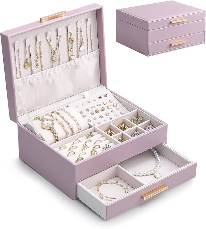 Lolalet 2-Layer Jewelry Box Organizer for Women Girls, Jewelry Storage Case Holder with Drawers for Necklaces Ring Earrings B