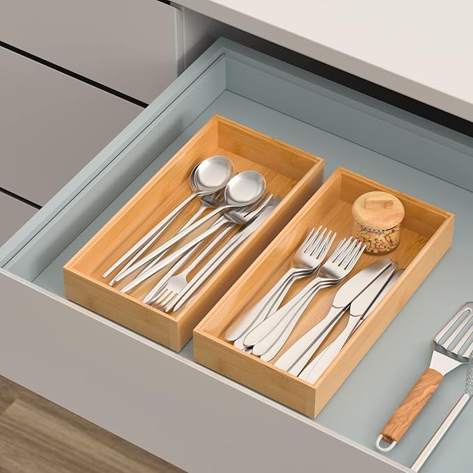 VeyFey Silverware Tray for Drawer, Stackable Kitchen Bamboo Drawer Organizer 12" x 6" x 2" Set of 2