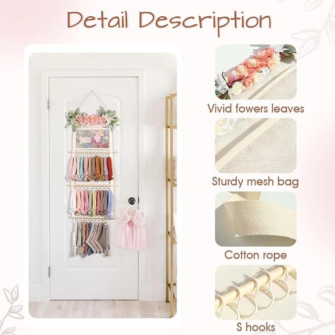 POVETIRE Headband Holder Hair Bows Organizer for Girls, 4-Layer Hair Accessories Display Storage Wall Hanging Decor for Baby 