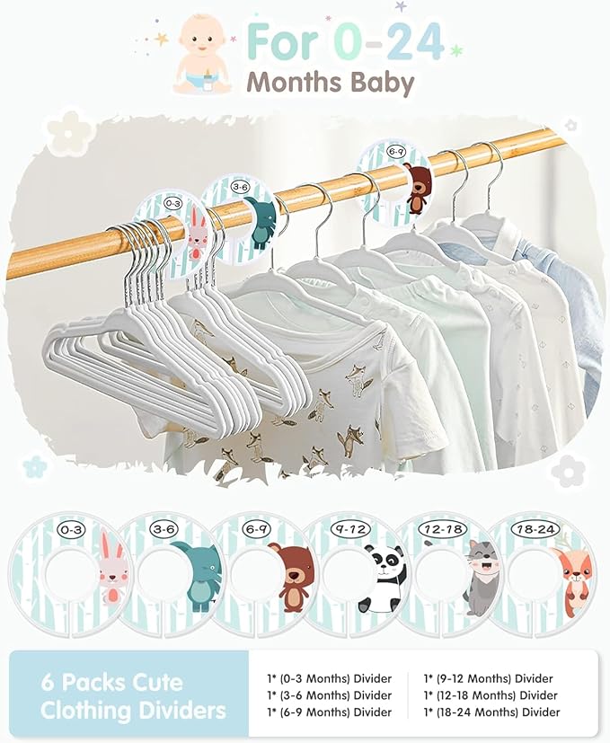 VIS'V Baby Hangers, 11 Inch Velvet Kids Hangers with 6 Pcs Clothes Size Dividers, Infant Toddler Nursery Closet Organization,