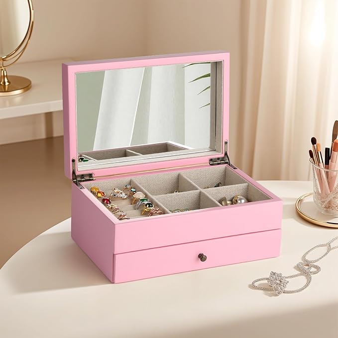 Meangood Jewelry Box Organizer for Women, 2 Layer Large Jewelry Storage Case, Rustic Wooden Jewelry Box with Mirror & Ring Tr
