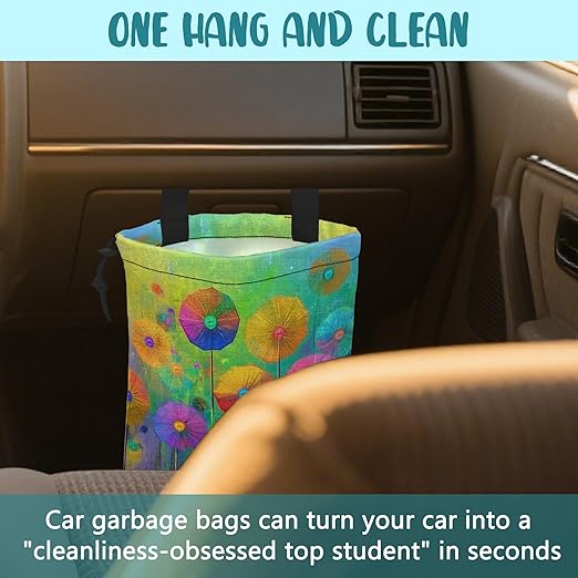 Car Garbage Bag Abstract Colorful Flowers Hanging Canvas Car Trash Bag Drawstring Car Back Seat Organizer for Car Back Front Seat Console with Adjustable Buckle