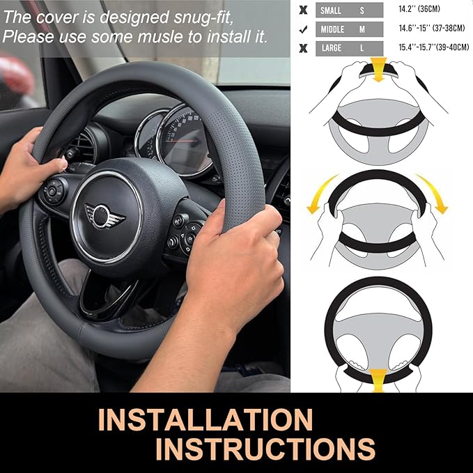 PINCTROT Nappa Leather Steering Wheel Cover, Slim Fit No Bulk Design, One Piece Leather with Breathable Perforation, Fit Like