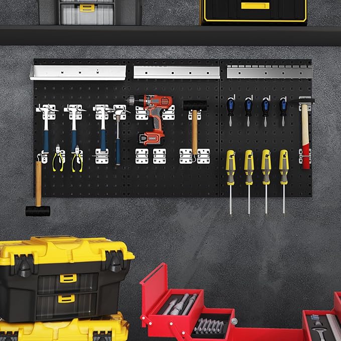 Goplus Garage Pegboard, Metal Pegboard Tool Organizer Kit with 3 Pegboards & 28 Pcs Hanging Accessories, Heavy Duty Wall Orga