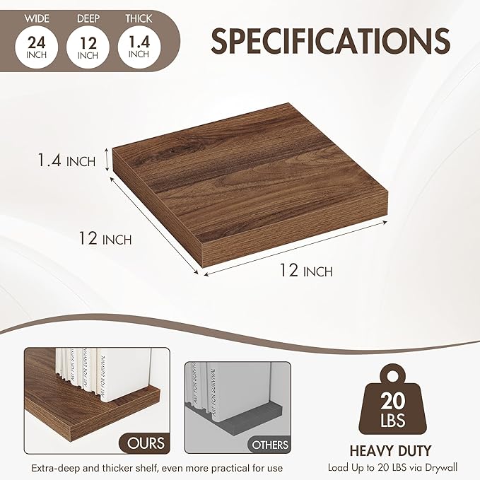 12 Inch Floating Shelves, 12" Deep Floating Shelf Wall Mounted, 12" Wall Shelves, Rustic Deep Bookshelf, Extra Deeper Display