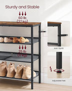 VASAGLE Shoe Rack for Entryway, 4-Tier Shoe Rack Organizer with Storage Shelves and Spacious Top, Freestanding, Adjustable, I