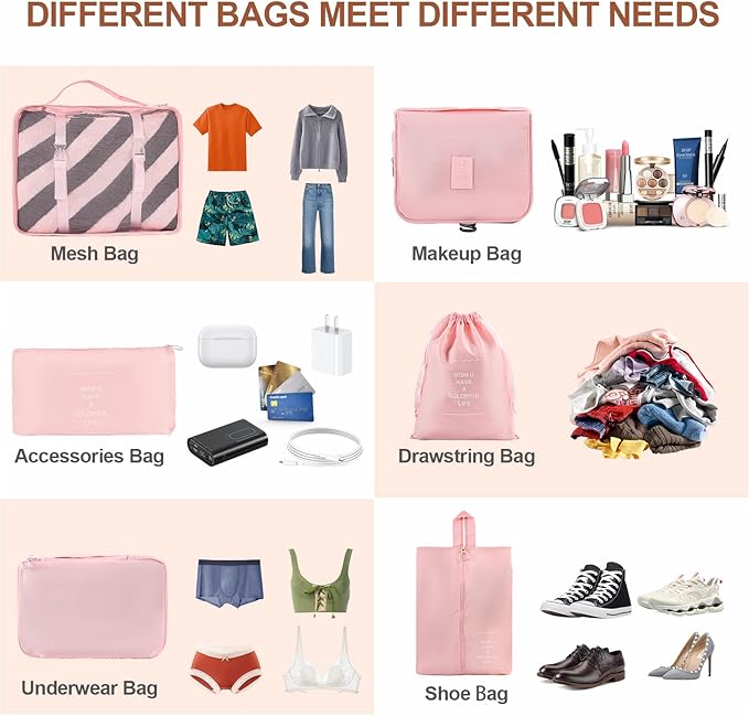 8 Set Compression Packing Cubes for Travel Essentials,Suitcase Organizer Bags, Carry-On Luggage Accessories with Laundry & To